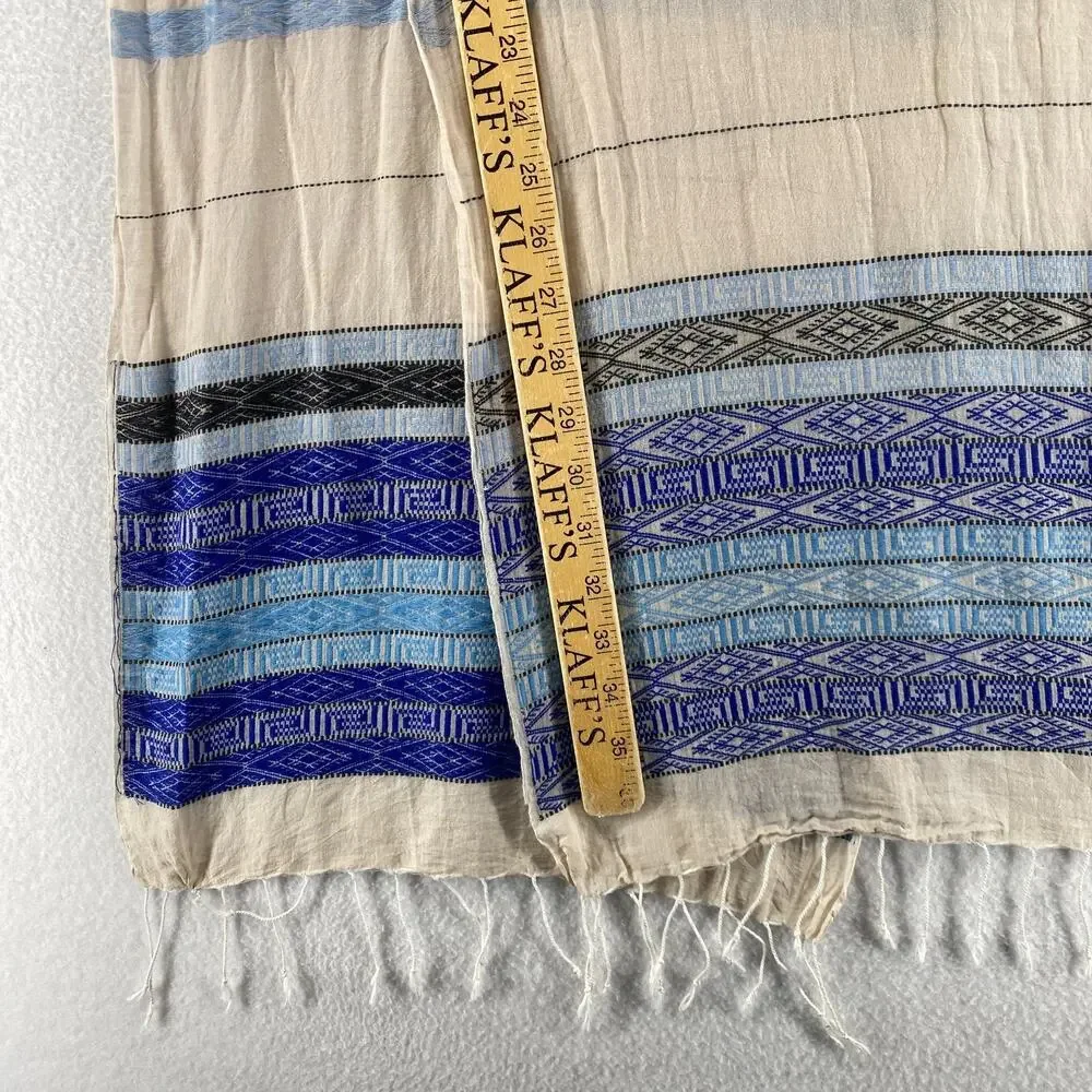 EILEEN FISHER Scarf OS Organic Cotton Fringed Wrap Southwestern Beige Blue